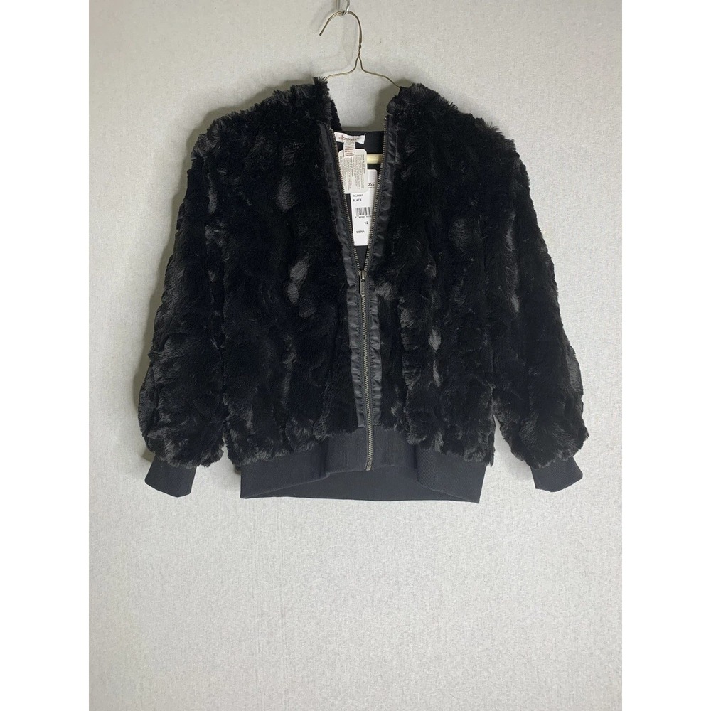Ella Moss Faux Fur Bomber Jacket Girls 12 Black Hooded Zip Up Plush Coat Glam